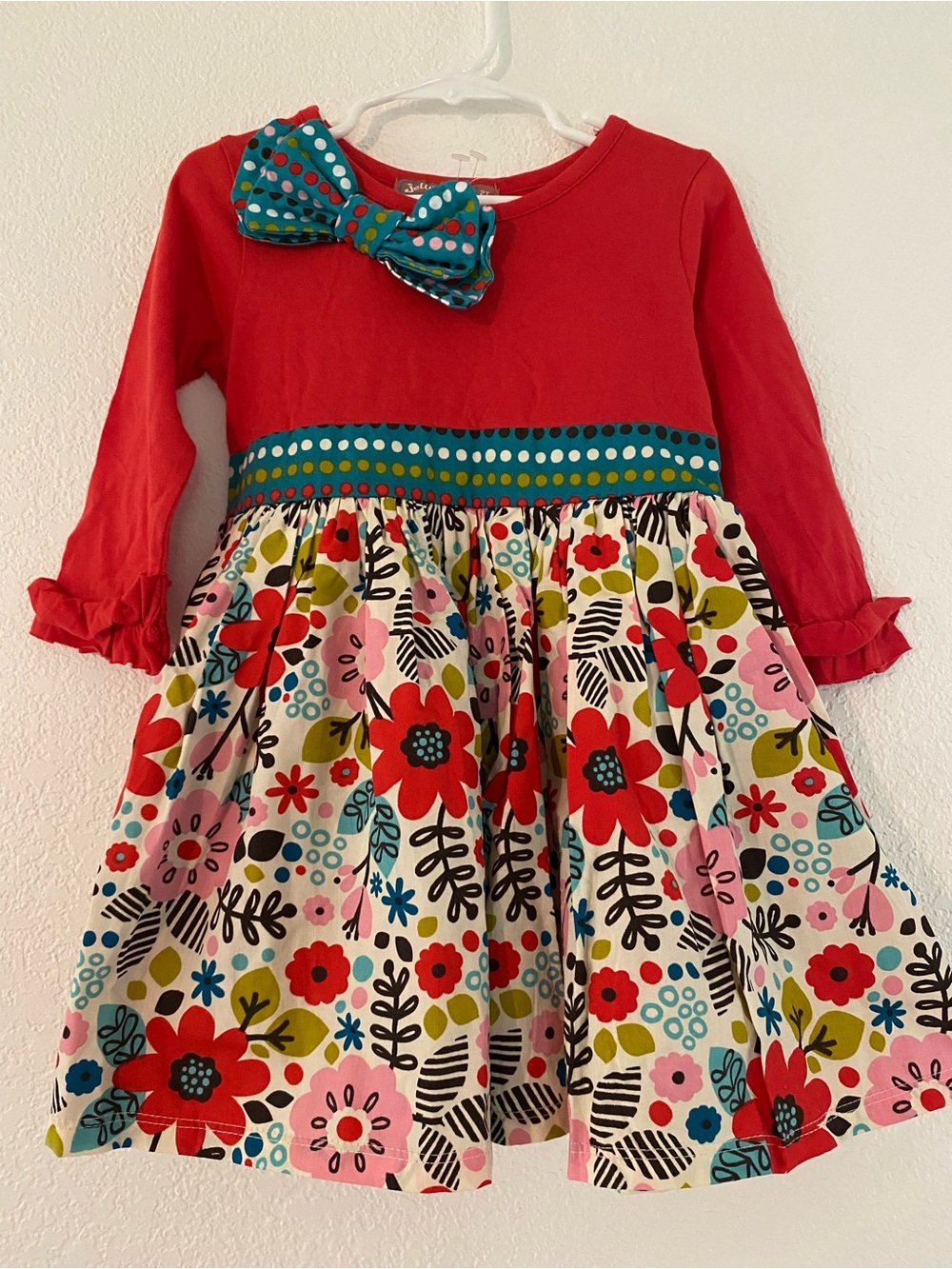 NWT Jelly the Pug Girls 2T Cotton Dress Red Floral Teal Bow Long Sleeve Ruffle